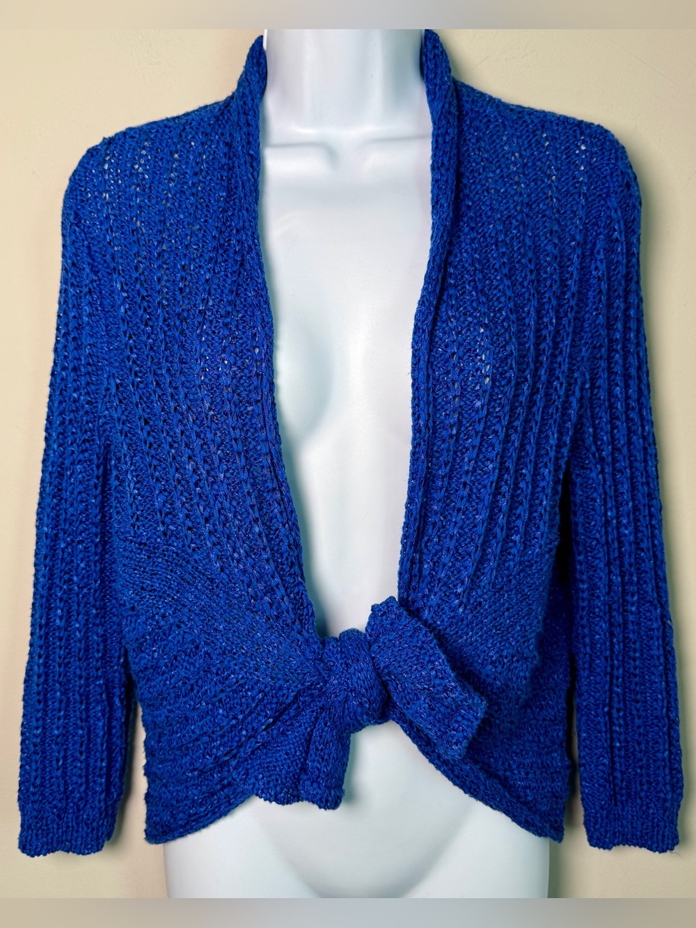 Anne Klein Cobalt Blue Open Chunky Knit Tie Front Cardigan Sz M